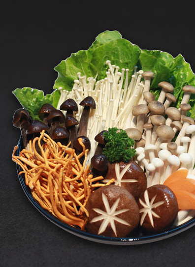 A combo of needle mushroom, black fungus, oyster mushroom, three other mushrooms, and Chinese cabbage