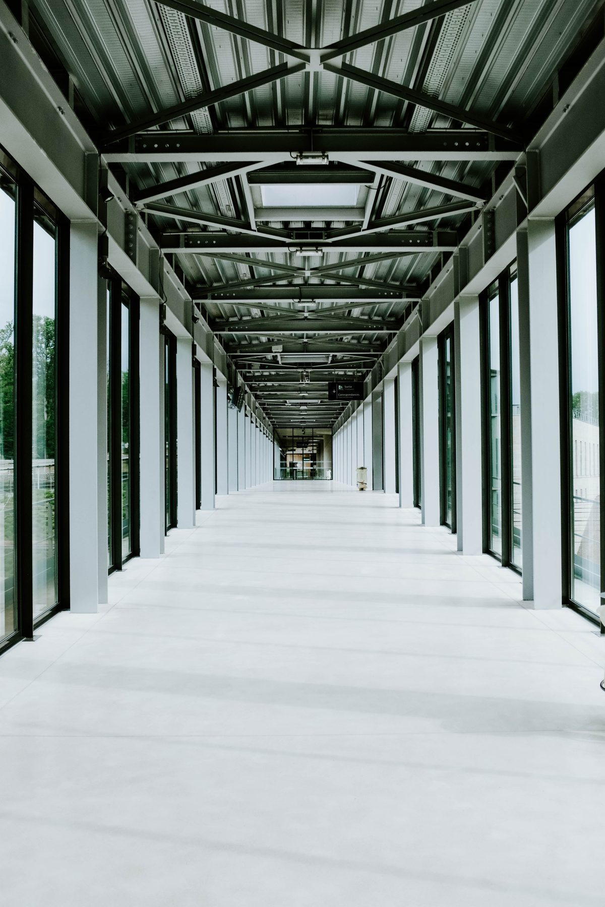 industrial modern long corridor, vantage perspective