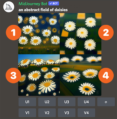 midjourney bot 4 photo results with upcale and variation buttons