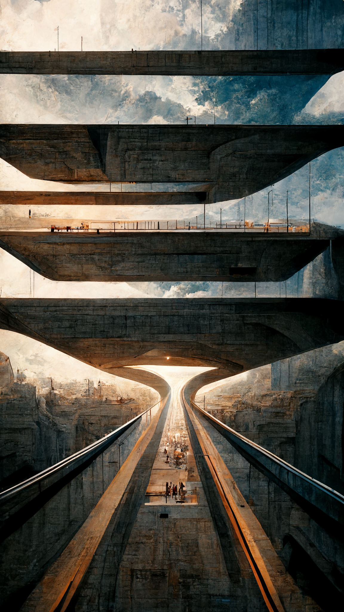 wide shot of multi-level concrete platforms in the sky