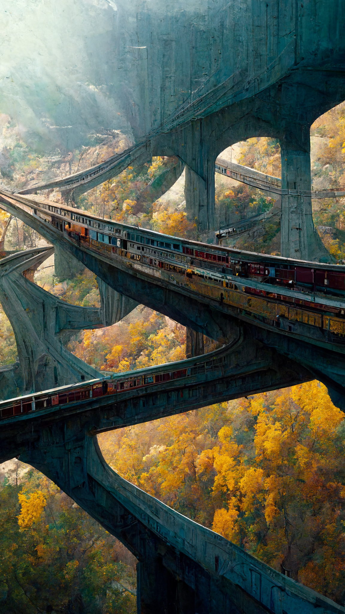 Interwaven train overpasses with houses on the top are built into mountains